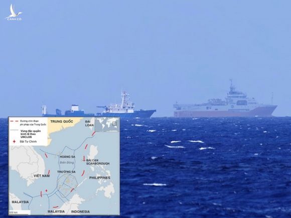 Tàu cá dân binh (trái) đi kèm bảo vệ tàu Hải Dương Địa chất 8 của Trung Quốc đang khảo sát trái phép khu vực bãi Tư Chính /// Ảnh: Ngư dân cung cấp 