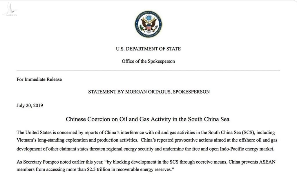 Tuyên bố của Bộ Ngoại giao Mỹ lên án hành động của Trung Quốc tại Biển Đông. Ảnh chụp màn hình.  