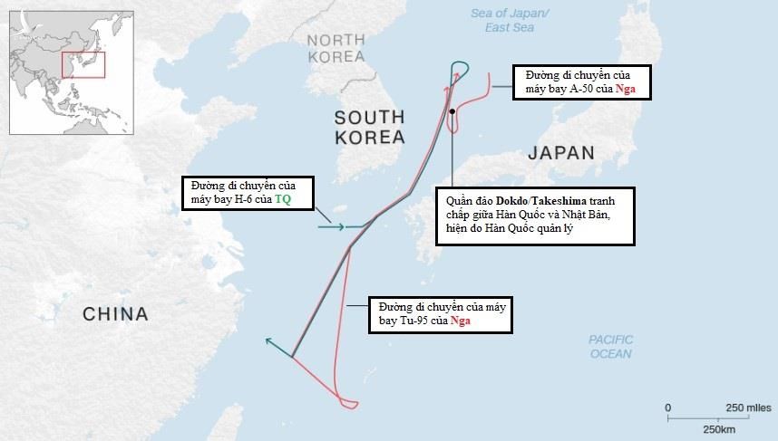 Bản đồ hướng di chuyển của máy bay Nga và Trung Quốc hôm 23/7. Nguồn: Bộ Quốc phòng Nhật Bản. 