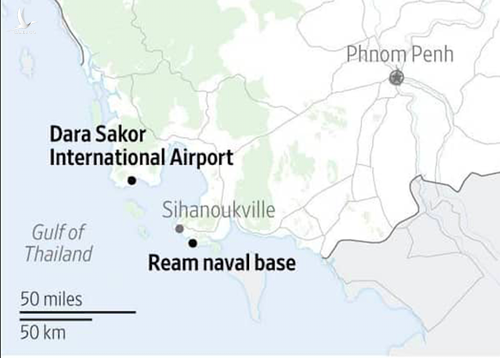 Vị trí căn cứ hải quân Ream và sân bay quốc tế Dara Sakor. Đồ họa: WSJ. 