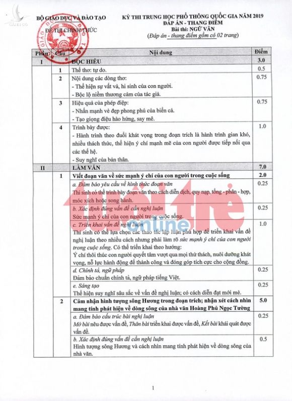 Bộ GD-ĐT công bố đáp án môn ngữ văn thi THPT quốc gia - Ảnh 1.