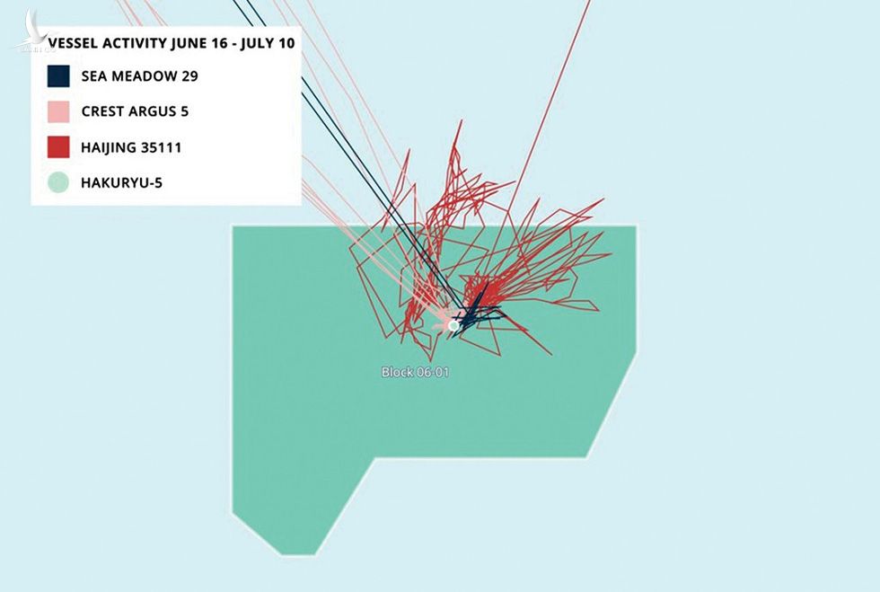 Bản đồ 5: Đường đi các tàu cho thấy tàu 35111 quấy nhiễu giàn khoan Harakyu 5 và 2 tàu tiếp tế từ ngày 16-6 đến 10-7 - Nguồn: AMTI