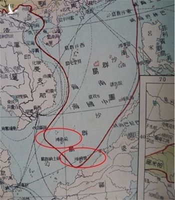 Bản đồ đường chữ U đầu tiên Bạch Mai Sơ xuất bản năm 1936 là đường quy thuộc các "đảo" ở Biển Đông. Ảnh: Bill Hayton. 