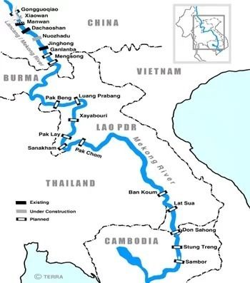 Vị trí các con đập đã và có thể được xây trên sông Mekong. Ảnh: International Rivers.