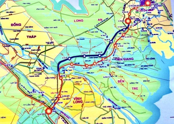 Hướng tuyến đường sắt nối TP.HCM - Cần Thơ dài 173km (in đậm, màu đỏ).  /// Ảnh: Đình Tuyển