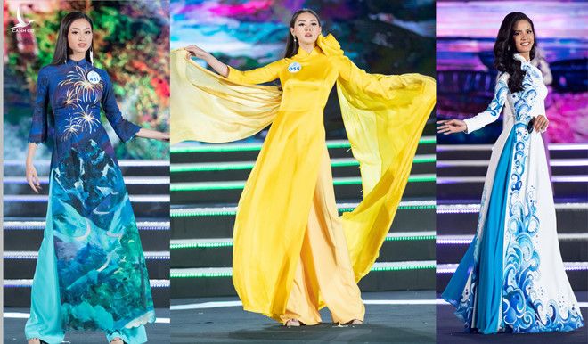 Các thí sinh lần lượt xuất hiện thướt tha trong những tà áo dài của các nhà thiết kế như Việt Hùng, Lan Hương, Ngô Nhật Huy...