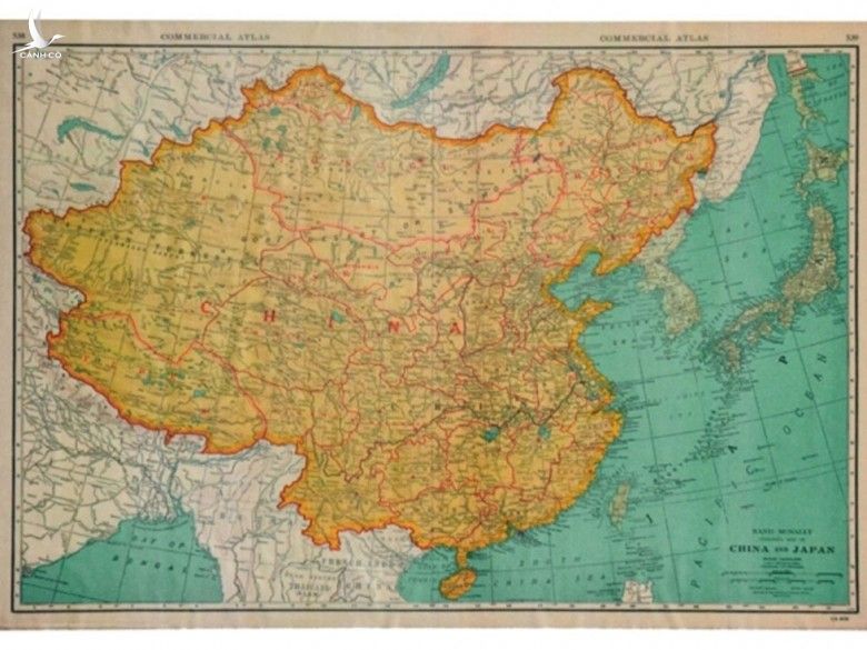 Bản đồ Trung Quốc và Nhật Bản do Commercial Atlas Rand McNally xuất bản tại Chicago (Mỹ) năm 1942 thể hiện phần lãnh thổ cực nam của Trung Quốc chỉ đến đảo Hải Nam. 