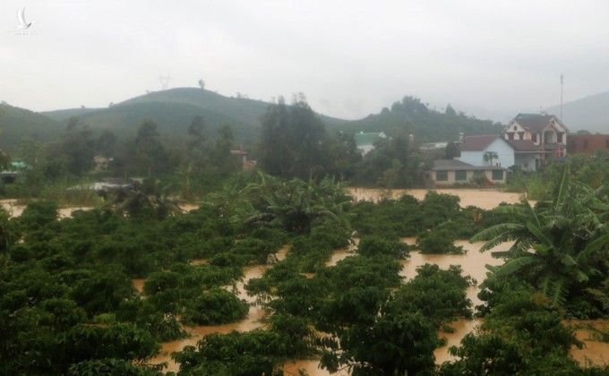 Nước lũ dâng cao nhấn chìm cả một vùng rộng lớn xã Lộc Châu