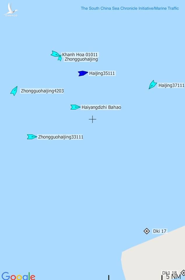 Sự phân bố nhóm tàu Hải Dương Địa Chất 8 vào lúc 7h tối 15/9.