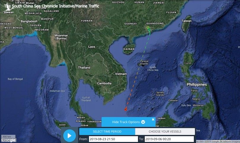 Ảnh 1: Dữ liệu AIS cho thấy Tàu 3308 đã rời cảng ở Quảng Châu ngày 24/8, tắt AIS trên suốt dọc đường đi. Tín hiệu AIS tiếp theo và duy nhất thu nhận được từ tàu 3308 là vào ngày 4/9/2019, cho thấy tàu hiện diện ở khu vực gần lô 06.1 và Bãi Tư Chính.