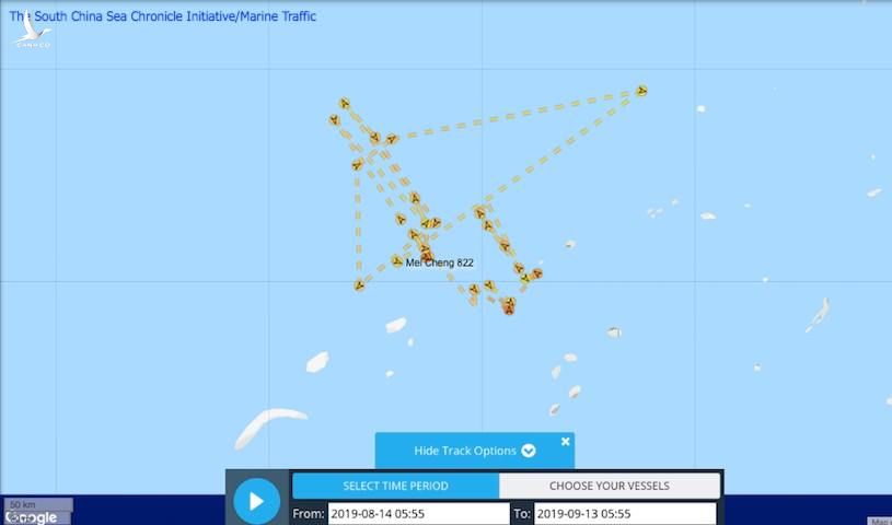 Sơ đồ đường đi tổng hợp từ vài điểm dữ liệu AIS vệ tinh ít ỏi của tàu Meicheng 822 cho thấy tàu vẫn hiện diện trong nhóm tàu Hải Dương Địa Chất 8 dù tắt AIS trong hầu hết thời gian.