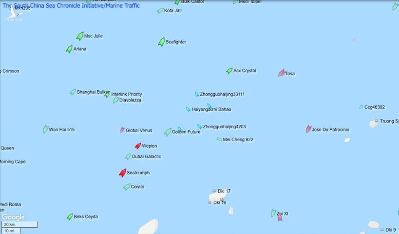 Vị trí các tàu trong nhóm Hải Dương Địa Chất 8 vào lúc 8h22' sáng ngày 14/9 (giờ Việt Nam).