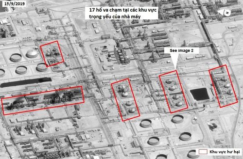 Các vị trí bị tấn công tại nhà máy Abqaiq hôm 14/9. Ảnh: Digital Globe.