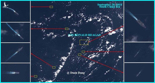 Hình ảnh vệ tinh được cho chụp tàu USS Ronald Reagan nghi bị 7 tàu chiến Trung Quốc vây quanh trên Biển Đông (Ảnh: Twitter)