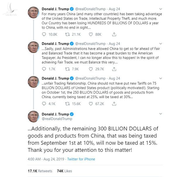 Các dòng tweet liên tục của ông Trump về việc đánh thuế hàng hóa Trung Quốc 