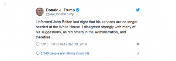 [NÓNG] TT Trump bất ngờ sa thải cố vấn an ninh Mỹ John Bolton, ông Bolton vội thanh minh - Ảnh 1.