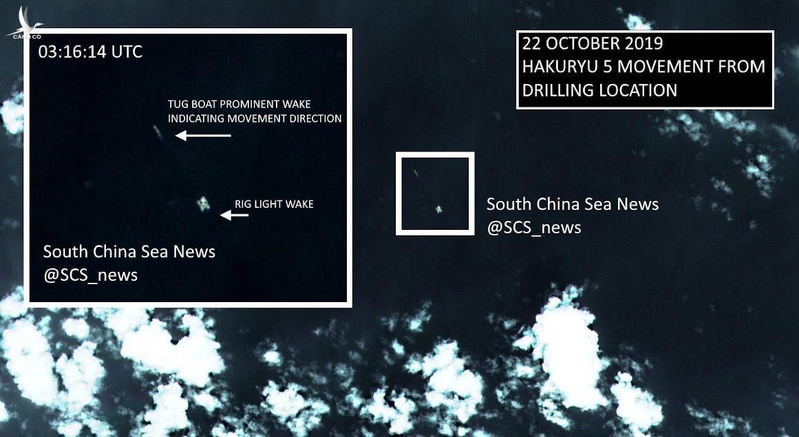 Ảnh vệ tinh lúc 10h16' sáng ngày 23/10/2019 cho thấy giàn khoan Hakuryu-5 đang được lai dắt bởi một tàu kéo trở về cảng Vũng Tàu (Nguồn: South China Sea News và @detresfa_ trên Twitter). 