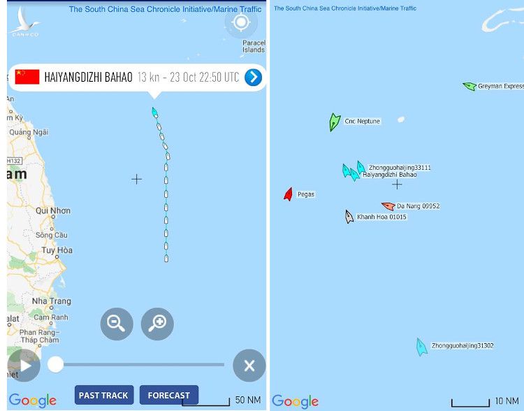 Đường đi của nhóm tàu Hải Dương Địa Chất 8 đang rút về Hải Nam. 