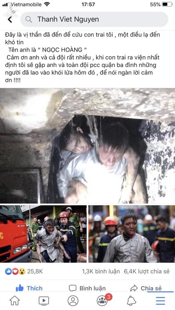 Hình ảnh Lời cảm ơn của ông bố gửi chiến sỹ cảnh sát PCCC dũng cảm lao vào đám cháy cứu con trai mình