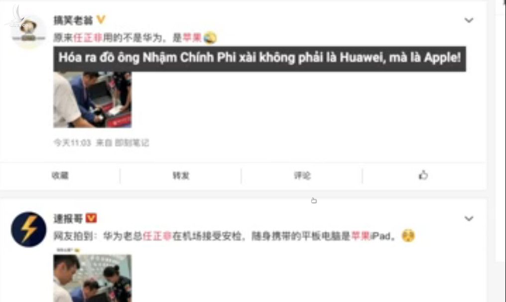 Người dùng mạng xã hội Weibo chia sẻ hình ảnh ông Nhậm Chính Phi cùng chiếc iPad - Nguồn: Weibo 