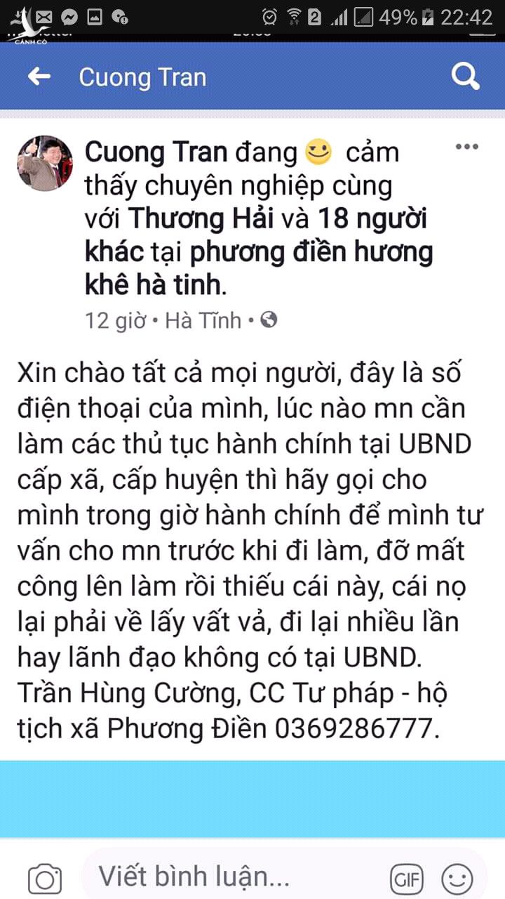 Dòng chia sẻ của cán bộ tư pháp xã Phương Điền trên Facebook cá nhân. 