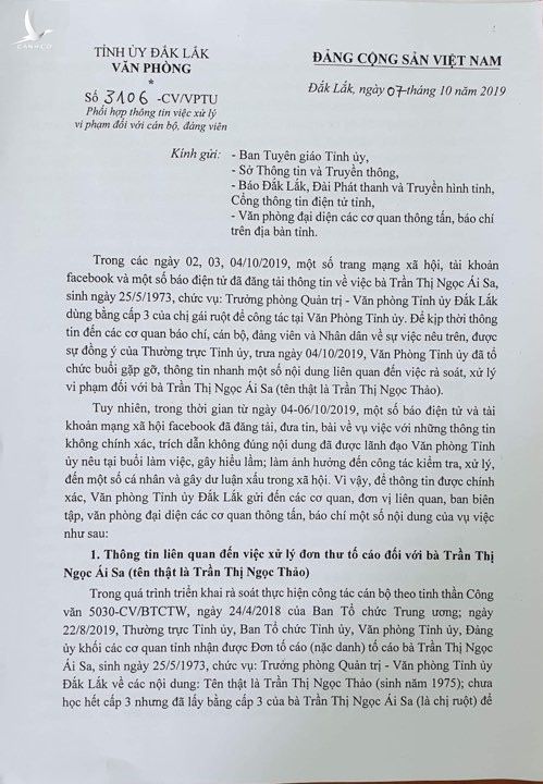 Công văn của Tỉnh ủy Đắk Lắk thông tin chính thức về vụ việc. 