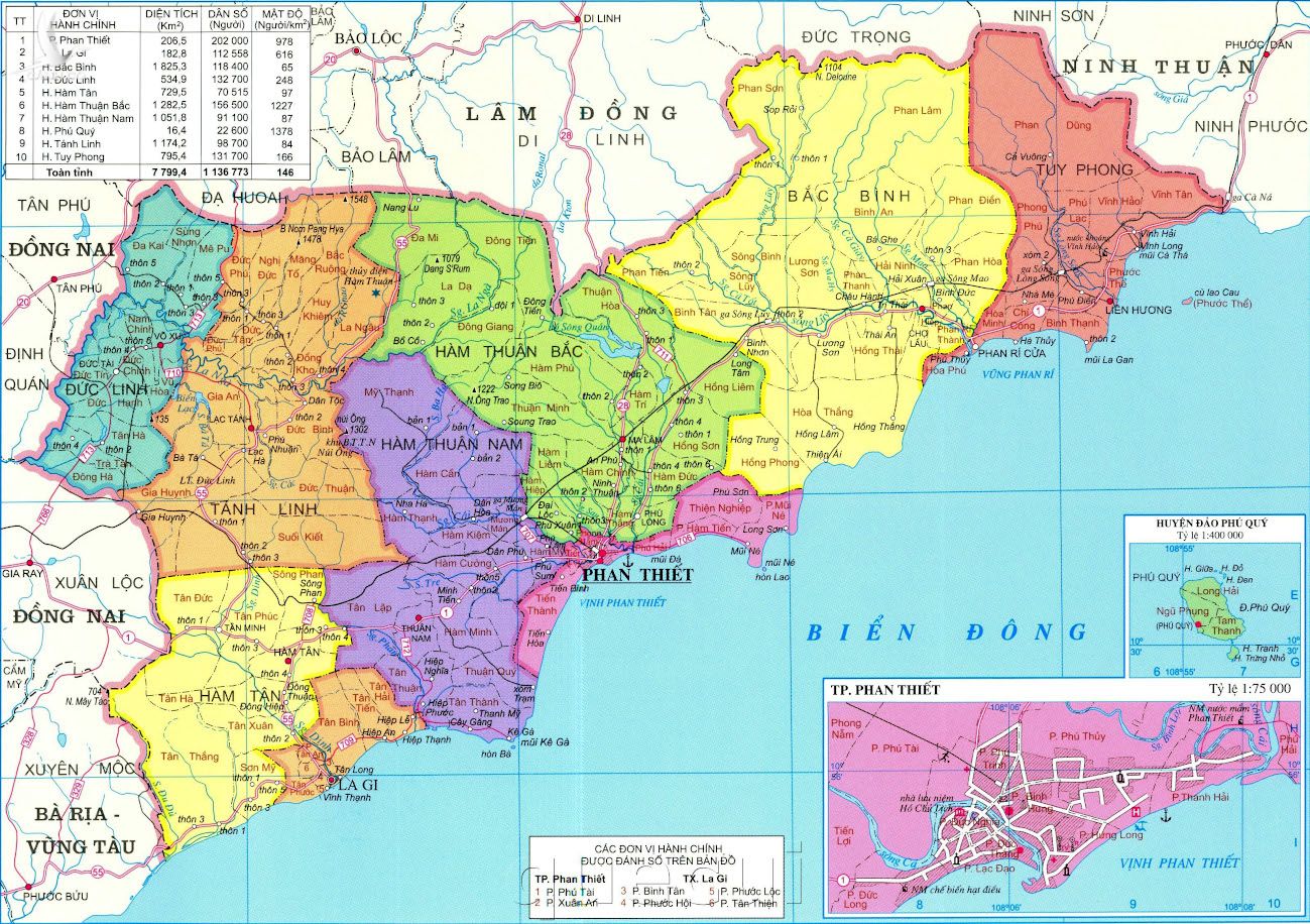 Bản đồ tỉnh Bình Thuận – Vị trí địa lý và các đơn vị hành chính. 