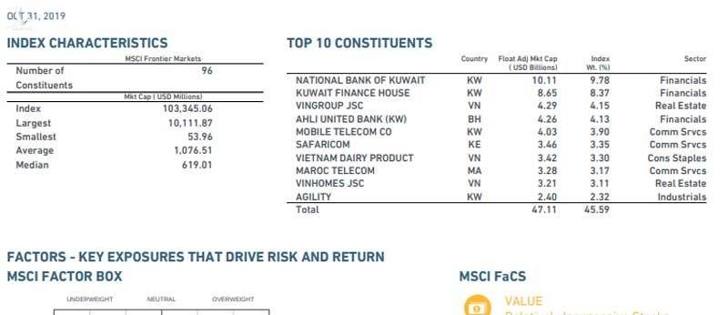 Top 10 cổ phiếu lớn nhất trong danh mục MSCI Frontier Markets Index, trong đó có Vingroup, Vinhomes và Vinamilk của Việt Nam. 