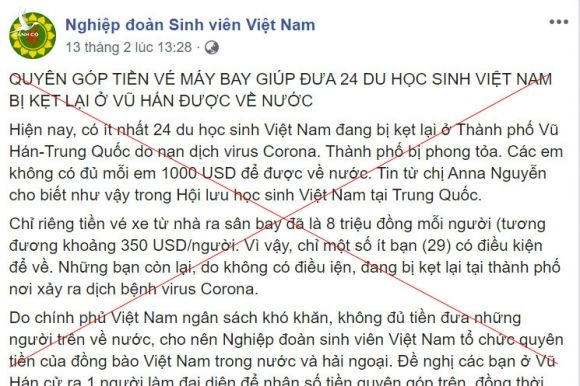 Giả mạo kêu gọi quyên góp đưa 24 du học sinh Việt mắc kẹt ở Vũ Hán về nước