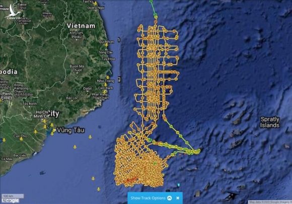 Đường khảo sát của tàu Hải Dương Địa chất 8 trong gần 4 tháng hoạt động phi pháp tại vùng biển VN năm 2019 được Dự án Đại sự ký Biển Đông lưu lại /// Ảnh: ĐSKBĐ 