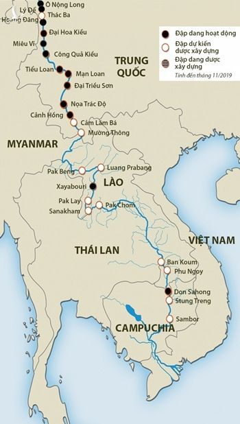 Đập thủy điện trên sông Mekong tính đến tháng 11/2019. Đồ họa: Trung tâm Stimson.