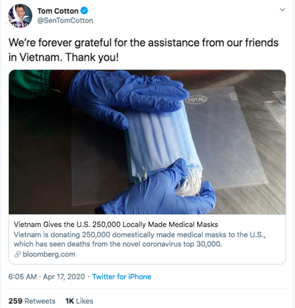 Thượng nghị sĩ Tom Cotton: Mãi biết ơn sự giúp đỡ từ những người bạn ở Việt Nam - Ảnh 1.