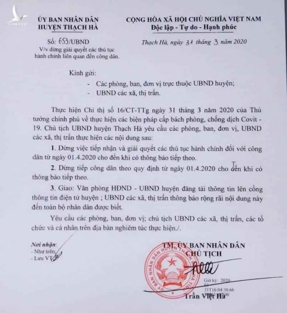 Tin nhanh - Phát văn bản sai chỉ đạo của Thủ tướng, huyện Thạch Hà nhanh chóng thu hồi