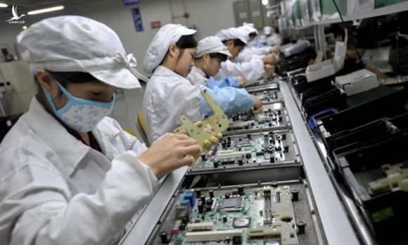 Công nhân lắp ráp linh kiện điện tử tại một nhà máy của Foxconn ở Thâm Quyến, Trung Quốc. Ảnh: AFP.