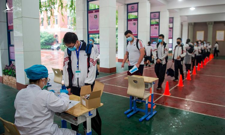 Học sinh xếp hàng chờ lấy mẫu sinh phẩm tại một trường học ở Vũ Hán hôm 14/5. Ảnh: AFP.