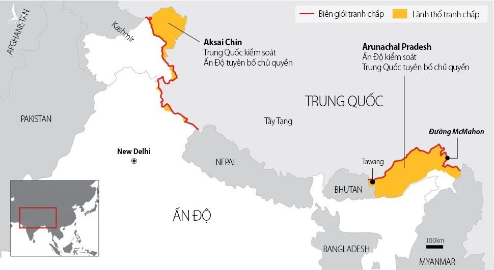 Khu vực tranh chấp lãnh thổ giữa Ấn Độ và Trung Quốc. Đồ họa: SCMP.