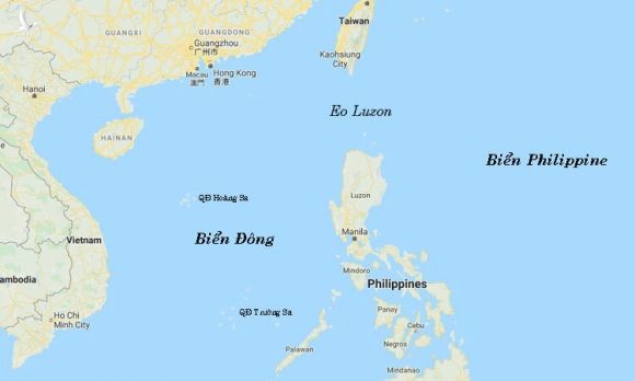 Vị trí Biển Philippines, Biển Đông và Eo Luzon. Đồ họa: Google Map.