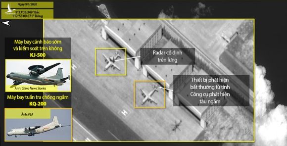 Máy bay cảnh báo sớm và kiểm soát trên không KJ-500 và máy bay tuần tra chống ngầm KQ-200 do Trung Quốc triển khai trái phép ở đá Chữ Thập, thuộc quân đảo Trường Sa của Việt Nam, ngày 9/5. Ảnh: ISI.