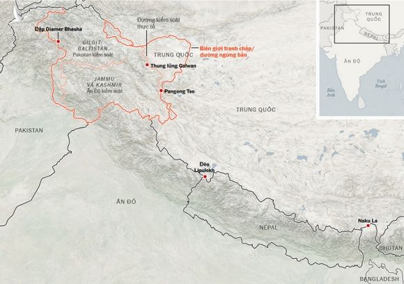 hu vực biên giới tranh chấp giữa Trung Quốc và Ấn Độ. Đồ họa: NYT.