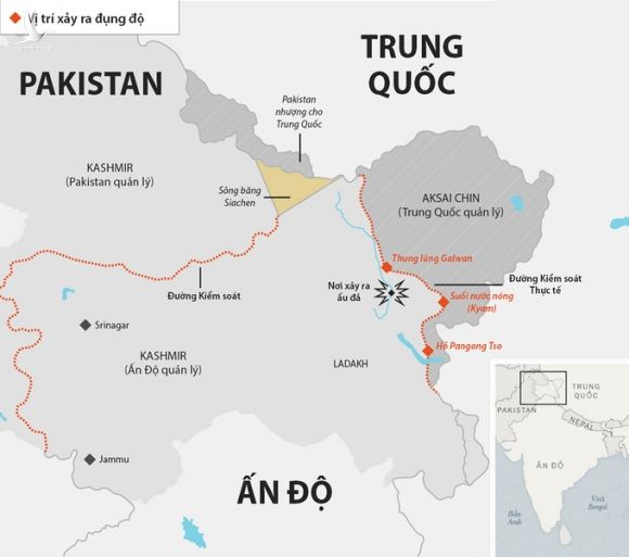 Vị trí binh sĩ Ấn Độ và Trung Quốc ẩu đả chết người tối 15/6. Đồ họa:Telegraph.