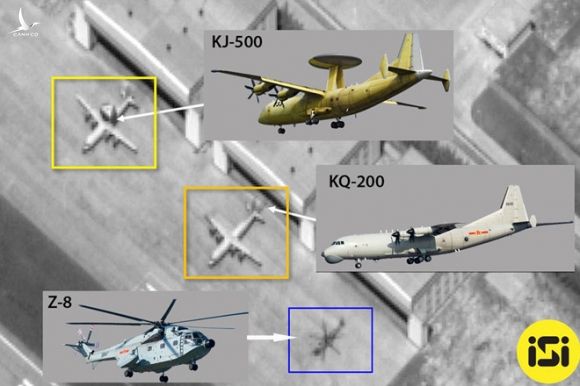 Ảnh vệ tinh ngày 13.5 cho thấy các máy bay quân sự KJ-500, KQ-200 và Z-8 hiện diện tại bãi đá Chữ Thập /// ISI
