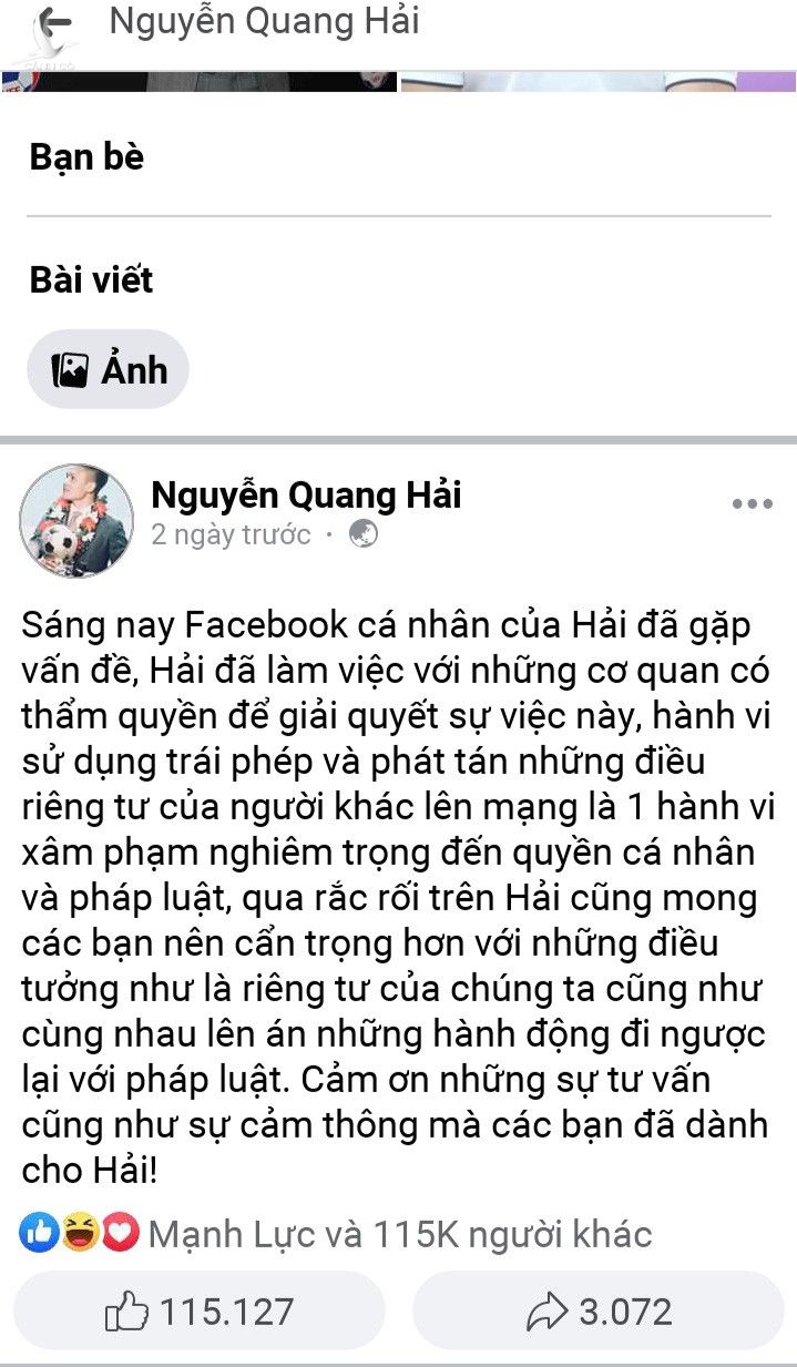 Cục An ninh mạng vào cuộc truy tìm người hack facebook cầu thủ Quang Hải - Ảnh 2.