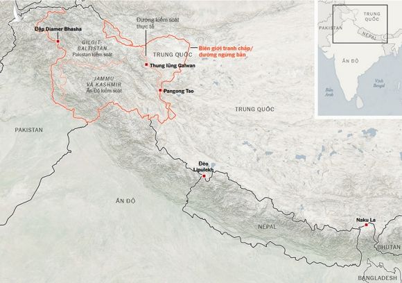 Vị trí khu vực Gilgit-Baltistan do Pakistan kiểm soát, giáp vùng Ladakh (Ấn Độ kiểm soát) và Aksai Chin (Trung Quốc kiểm soát). Đồ họa: NYT.