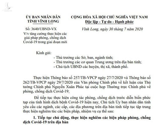 Công văn của UBND tỉnh Vĩnh Long ban hành ngày 30.7 /// ẢNH: XUÂN PHÚC