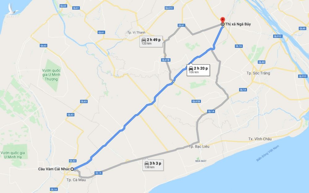 Quốc lộ Quản lộ - Phụng Hiệp từ thị xã Ngã Bảy về TP Cà Mau. Ảnh: Google Maps.