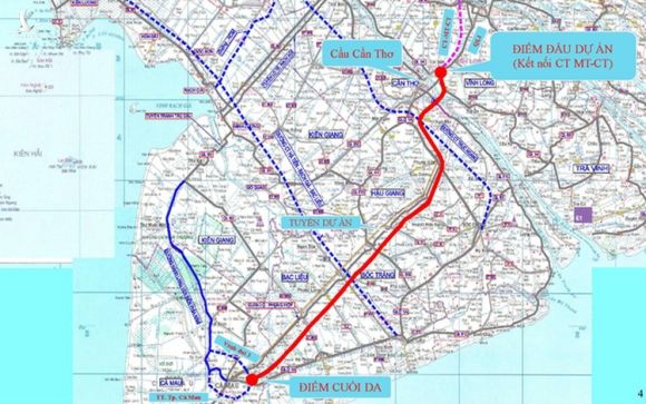 Bản đồ hướng tuyến cao tốc Cần Thơ - Cà Mau (đường đỏ). Ảnh: Cửu Long
