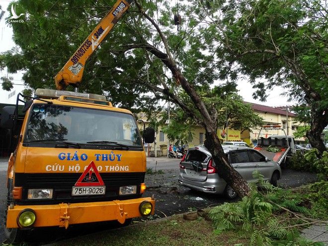  Xe cứu hộ giao thông giải cứu một ô tô bị cây ngã đè trên đường Nguyễn Huệ, P.Phú Nhuận, TP.Huế /// ẢNH: ĐÌNH TOÀN