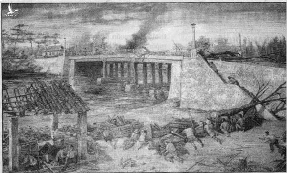 Tranh vẽ trận đánh tại cầu Thị Nghè ngày 27/9/1945 giữa lực lượng tự vệ và quân Pháp, Anh. Ảnh: Tư liệu Thư viện Tổng hợp TP HCM.