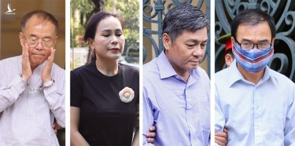 Từ trái qua: Các bị cáo Nguyễn Thành Tài, Lê Thị Thanh Thúy, Đào Anh Kiệt, Trương Văn Út sau khi tuyên án /// ẢNH: KHẢ HÒA