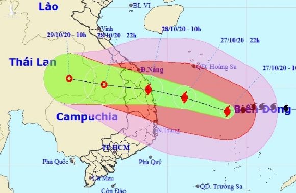Hướng di chuyển của bão Molave theo bản tin dự báo lúc 11h ngày 27/10 của NCHMF. Ảnh: NCHMF.
